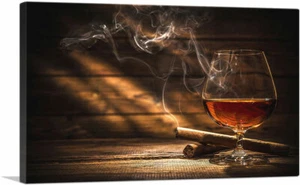 ARTCANVAS Glass of Bourbon Whiskey and Smoking Cigar Canvas Art Print - Picture 1 of 15