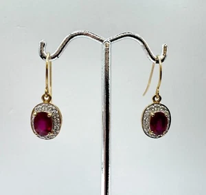 9ct Gold Oval Red Topaz & Diamond Surround Dangle Earrings - Picture 1 of 3