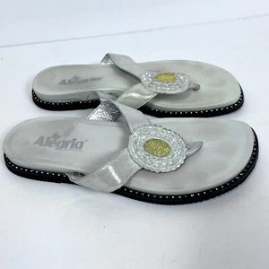 Alegria Womens “Dia” Leather Sandals Beaded Flower Thong Silver Comfort 37 US 7 - Picture 1 of 6