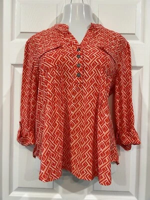 Blusa túnica plisada tejida elástica naranja y blanca Coral Bay Petite XL para mujer Foto 1 de 4