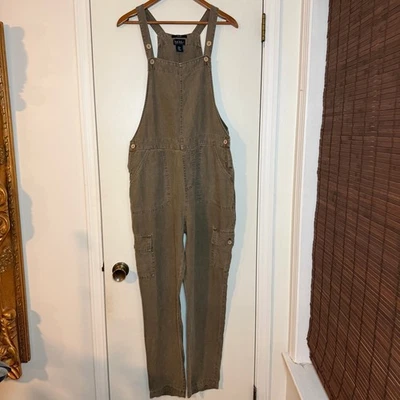 Mono cargo Nicole Miller New York de lino para mujer mediano verde oliva pierna ancha Foto 1 de 4