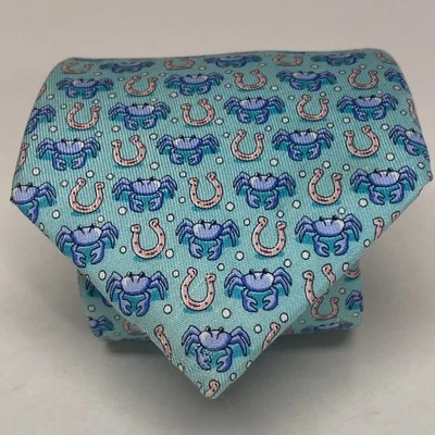 Vineyard Vines Boys Teal Blue Repp Silk Tie Lucky Horse Shoe  Crabs 49.5” USA E2 - Image 1 of 4