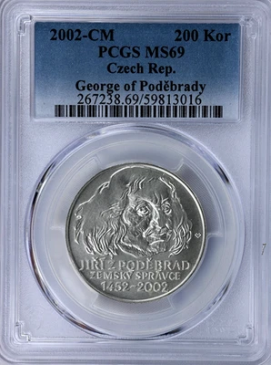 2002-CM Czech Republic 200 Korun Georg von Podebrady Silver KM# 57 PCGS MS69 - Image 1 of 4