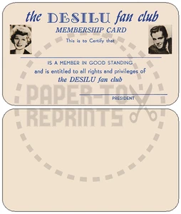 TARJETA DE MEMBRESÍA THE DESILU FAN CLUB - REIMPRESIÓN VINTAGE - Imagen 1 de 1