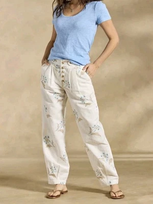 NWT Sundance Benicia Linen/Cotton  Pleated White Blue Floral Pants Size P6 - Image 1 of 4