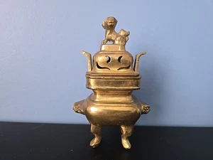 ANTIQUE 19c CHINESE LARGE BRONZE BRASS FOO-DOG INCENSE BURNER CENSER ON STAND - Picture 1 of 14