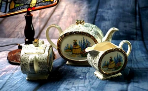 Antique Sadler Tea Set Crinoline Lady Barrel Teapot Creamer & Sugar Bowl 1930' - Picture 1 of 12
