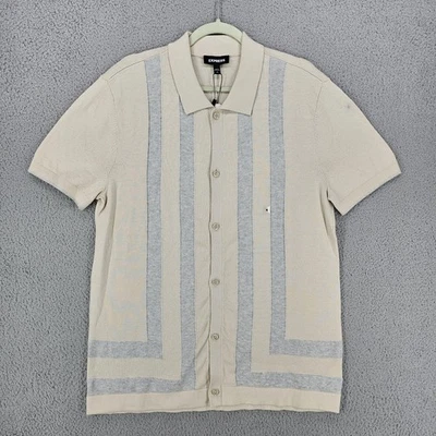 Express Shirt Mens Medium Beige Gray Button Front Short Sleeve Geometric Stripe - Image 1 of 4