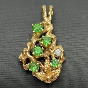 Solid 14K Gold Diamond Emerald 1" Abstract Pendant 4.3g - Picture 1 of 5