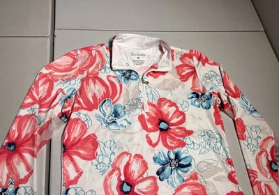 Camisa Pullover San Soleil Para Mujer Mediana Floral Rosa Azul Estampado 1/4 Cremallera UPF 50 Foto 1 de 4