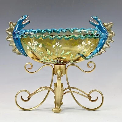 Antique Bohemian oval Bowl amber blue art glass Lizards on sides mounted bronze Foto 1 de 4