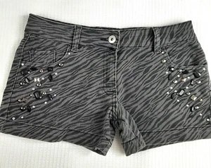 Y2K Candy Couture Girl Sz 12 - 13 Shorts Animal Print Big Rhinestones BlackGray - Picture 1 of 11