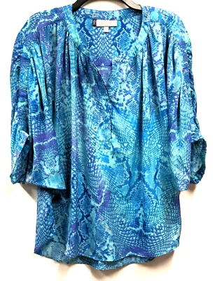 Jennifer Lopez Blouse Womens XL Top Blue Snake Skin Print V-Neck Ruched Sleeves - Image 1 of 4