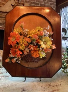 Vintage Retro Flower Power Wicker Basket Daisy Wall Wooden Plaque Decor MCM Boho - Picture 1 of 17