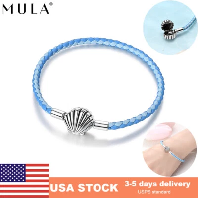 Pulsera MULA Original Plata 925 Cierre de Concha Cuero Azul Mujer Dije Pulsera Foto 1 de 4