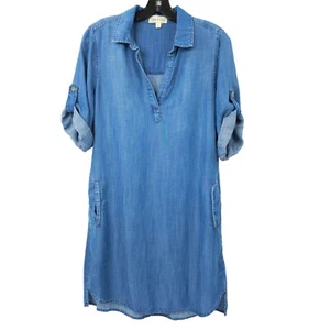 Túnica de tela y piedra Chambray Camisa Rollo Pestaña Mangas Cortas Talla S Bolsillos Antro - Imagen 1 de 10