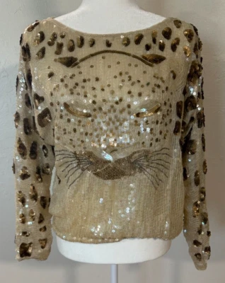 Rare Vintage Batwing Sequin Tiger Leopard Face Formal Dress Top Silk Blouse Sz M - Image 1 of 4