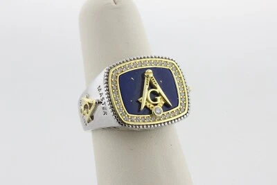 Anillo Master Mason Plata Esterlina 925 y Oro Lavado Circonita cúbica Azul Lapislázuli Masónico Símbolo G Foto 1 de 4