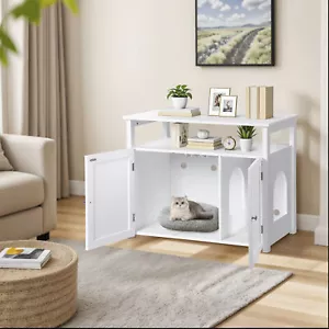 Cat Litter Box Enclosure Hidden Furniture w/ Divider Storage Cabinet Bench White - Picture 1 of 24