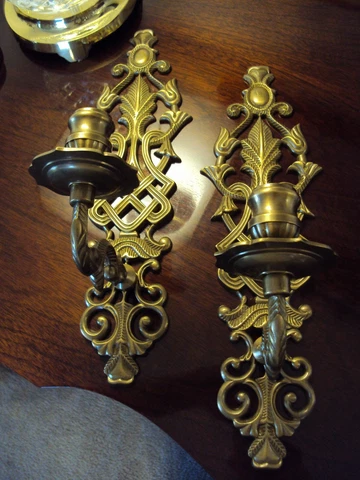 Pair of Bronze / Brass Intricately Detailed Old Candle Sconces (Heavy) Cover