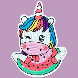 CUTE WINKING UNICORN EATING DELICIOUS WATERMELON KIDS IRON ON PATCH 3.25 x 2.25" - Picture 1 of 6