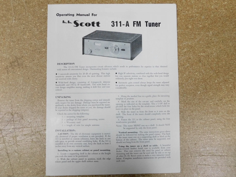 H.H. Scott 311-A FM Tuner Operating Manual (original) - Image 1 of 1
