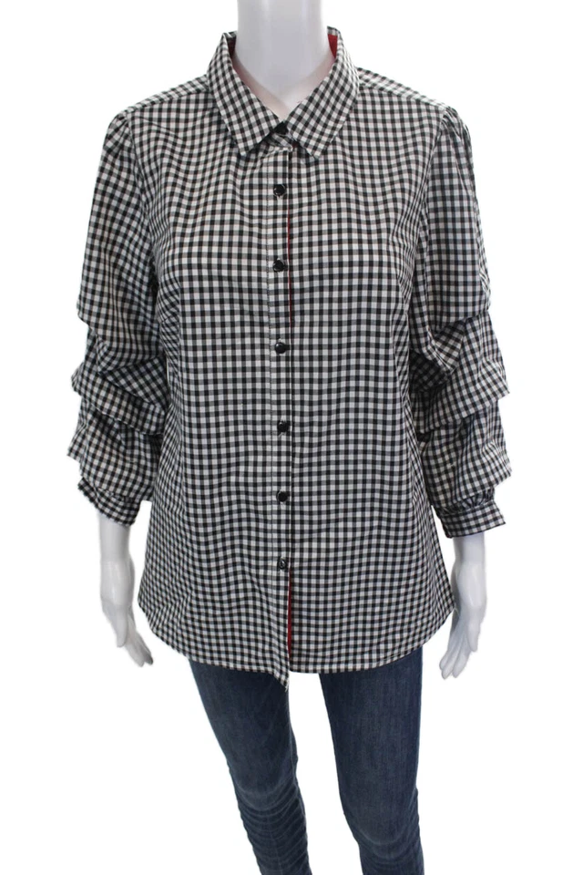 Camisa de guinga Insight para mujer con cuello delantero con botones manga 3/4 negra blanca mediana Foto 1 de 4