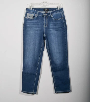 Pantalones de mezclilla rectos Earl Jean adornados con estrás bolsillos lavado medio elásticos talla 8 Foto 1 de 3