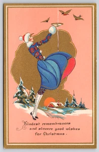 1920s Art Deco CHRISTMAS Postcard Lady in Fur trimmed Dress Feeds Birds Unposted - Picture 1 of 2
