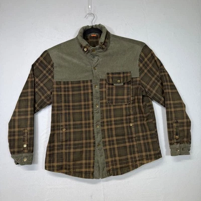 Chaqueta de franela forrada Sherpa con yugo de pana a cuadros oliva para hombre - Ropa de trabajo rústica Foto 1 de 4