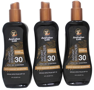 Australian Gold Spray Gel Protector Solar y Bronceador Instantáneo FPS 30 Lote de 3 8 OZ Foto 1 de 2