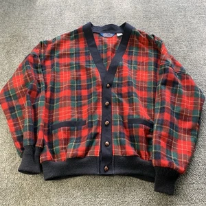 Pendleton Cardigan Mens Large 100% Virgin Wool Sweater Red Green Plaid USA Made - Picture 1 of 12