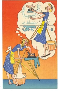 Inusual postal publicitaria de lino de los años 40 para hierros y planchado - rara - Imagen 1 de 2