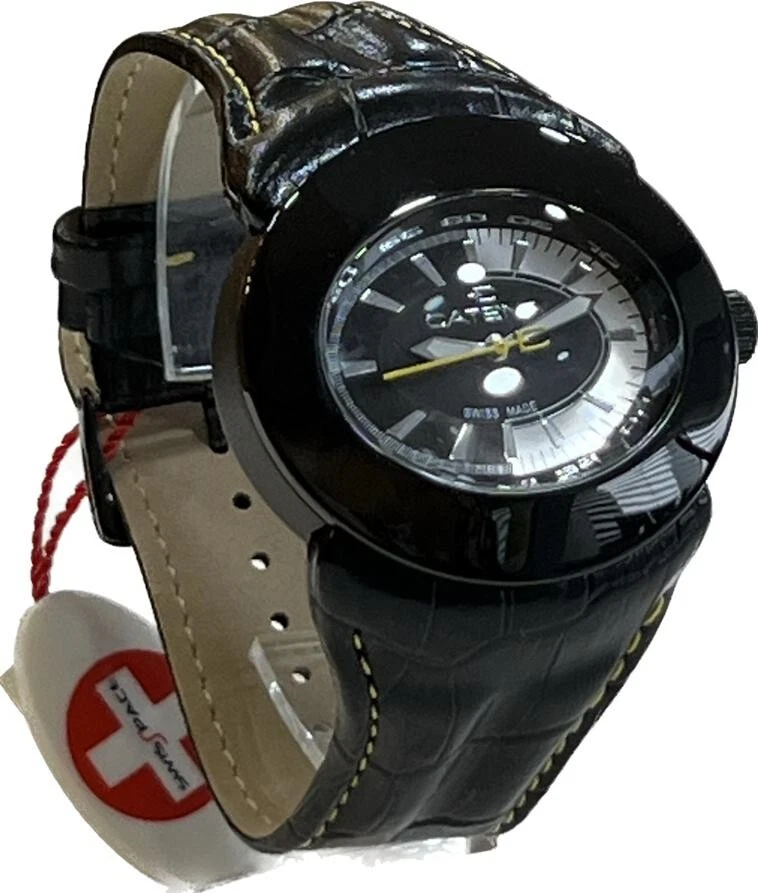 Mens 47mm Swiss Made Vintage Steel And Black Leather Quartz Chain Watch New - Image 1 of 1