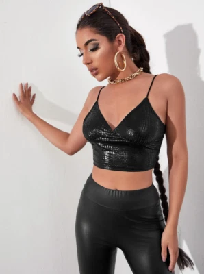 Sexy Elegante Camiseta sin Mangas Negra Cocodrilo Repujado Cami PU Imitación Cuero EE. UU. Foto 1 de 4