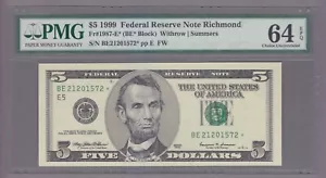 COLLECTORS ITEM #26 - STAR NOTE $5 - 21201572 - FR#1987-E* PMG 64 - evTT762 - Picture 1 of 2