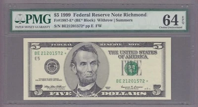 COLLECTORS ITEM #26 - STAR NOTE $5 - 21201572 - FR#1987-E* PMG 64 - evTT762 - Image 1 of 2