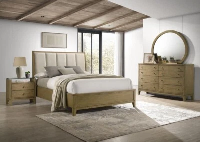 JUEGO DE MUEBLES DE DORMITORIO TOCADOR CAMA KING NS ACABADO PINO NATURAL TELA BEIGE 4 PIEZAS Foto 1 de 4