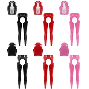 Womens Lingerie Eyelet Set With Pants Vest Rave Outfits Wet Look Tights 2 Piece - Picture 1 of 51