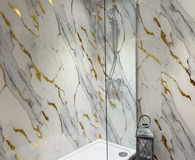 Gold White Marble 1000mm Wide Shower Panel PVC Bathroom Wall Cladding 1m x 2.4m - Image 1 of 4