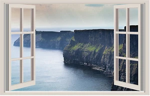 WALL STICKERS ADESIVI MURALI Scogliera sul mare Trompe L'oeil finestra natura - Foto 1 di 1