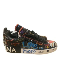 Neu im Karton Dolce & Gabbana Wo Portofino Graffiti schwarz Multi Leder Turnschuhe Größe 8,5 - Bild 1 von 6