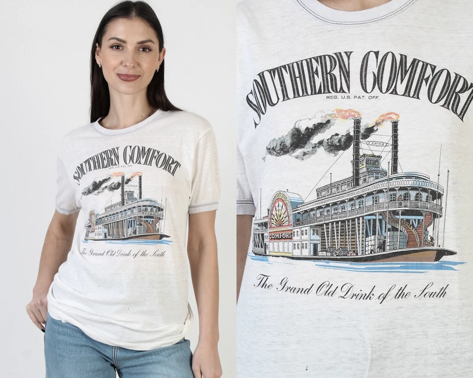 Camiseta Vintage Anos 70 Southern Comfort Papel Fino Branco Licor So Co Campainha Camiseta M - Imagem 1 de 4