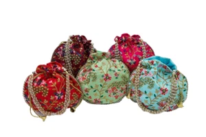 Potli bag embroidered silk beaded handle wedding party gift CLEARANCE SALE - Picture 1 of 9