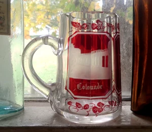 1880s RUBY CUT TO CLEAR ENGRAVED GLASS GERMAN SOUVENIR MUG WITH APPLIED HANDLE - Picture 1 of 9