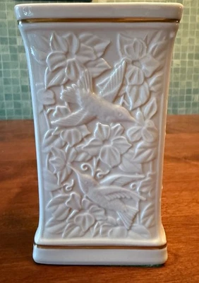 Lenox Hummingbird Bird Floral Flower Rectangular Vase ivory gold trim - Image 1 of 4