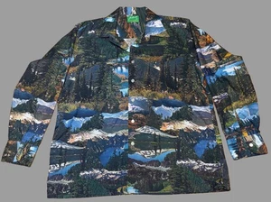 Vintage 70s Joe Namath Arrow XL Men’s Shirt Button Up Lakeside Mountains Print - Picture 1 of 13
