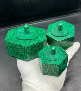 Stunning Set Of 3 Natural Gemstone Malachite Haxagonal Jewelry Boxes Handmade - Picture 1 of 14