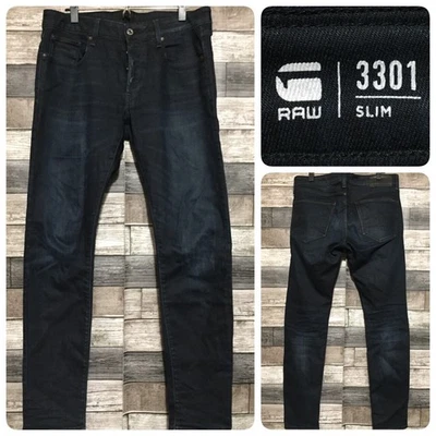 G-Star RAW 3301 Slim Jeans Men’s 34x32 Dark Wash Blue Denim Button Fly READ - Image 1 of 4