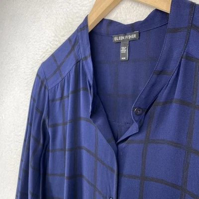 EILEEN FISHER Dress M Windowpane Silk Georgette Crepe Mandarin Shirtdress Blue - Image 1 of 4